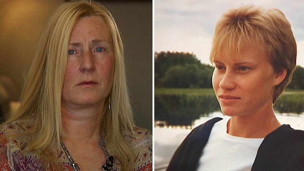 En kvinna och en bild av hennes syster som blev mördad. Eva Söderström till höger, Anneli Söderström till vänster.