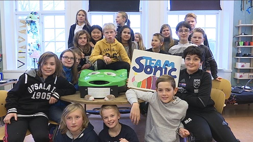 Eleverna i klass sex på Margaretaskolan i Knivsta som har utvecklat igelkottsräddaren.