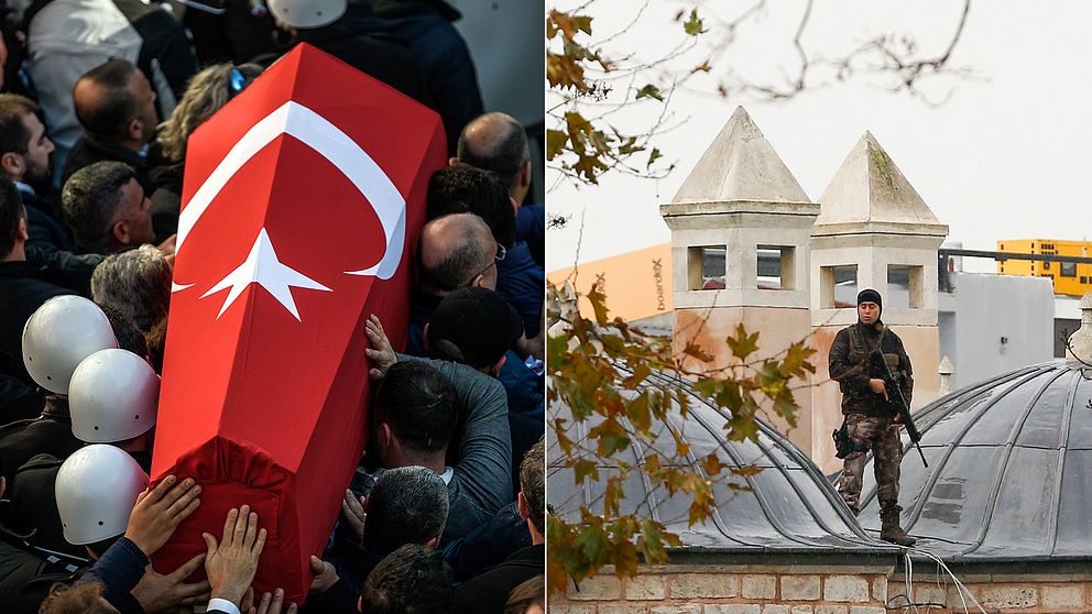 Officerare bör kistan vid en av bombdådens offers begravning på söndagen i Turkiet.