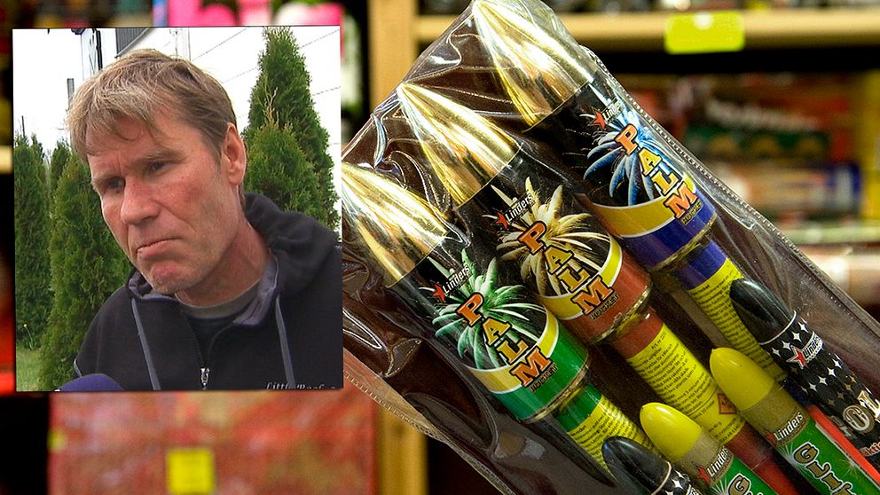 Företagaren Jonas Grahn i Växjö och en bild på nyårsraketer i förpackning