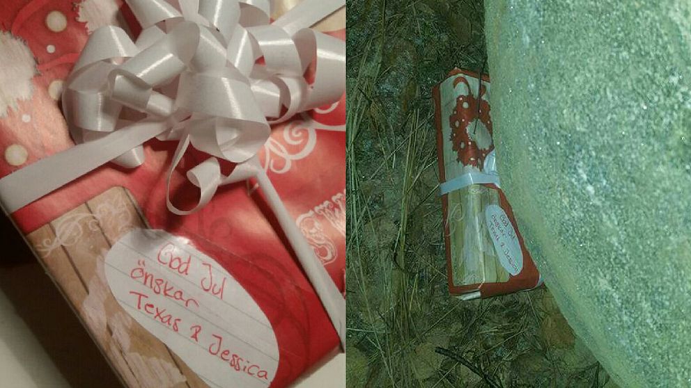 Collage av en julklapp med en lapp märkt ”God Jul önskar Texas & Jessica” och julklappen gömd i mörkret bakom en sten.