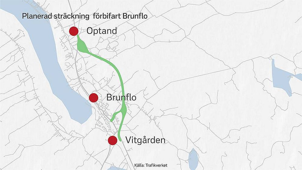 Karta över den planerade sträckningen av förbifart Brunflo