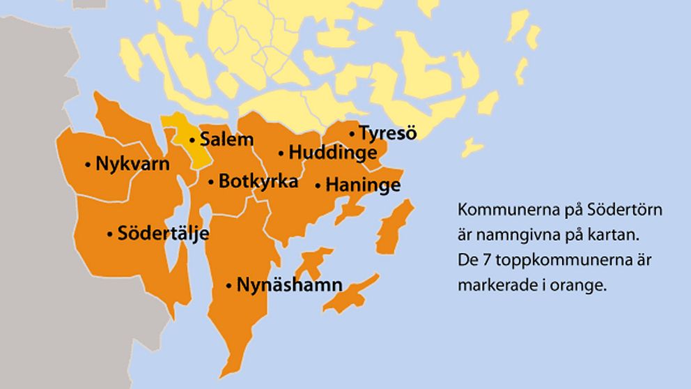 Karta över Södertörnskommuner med god tillväxt.