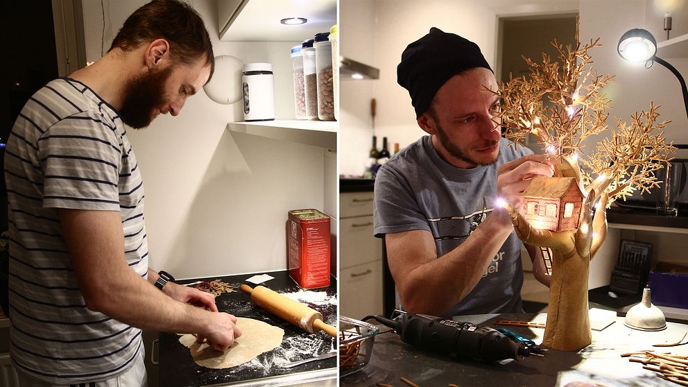 två killar som bakar och monterar pepparkaksträd med hus i
