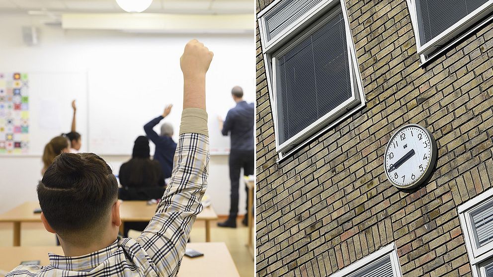 En pojke i ett klassrum och en klocka på en skolfasad.