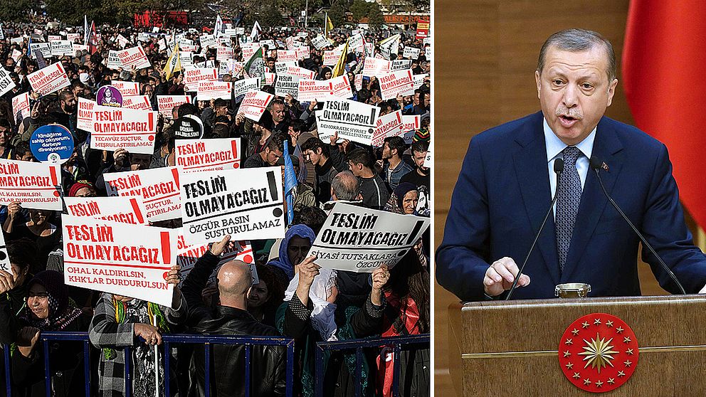 Turkiets president samt regimkritiska protester i Istanbul mot gripanden av journalister och akademiker.