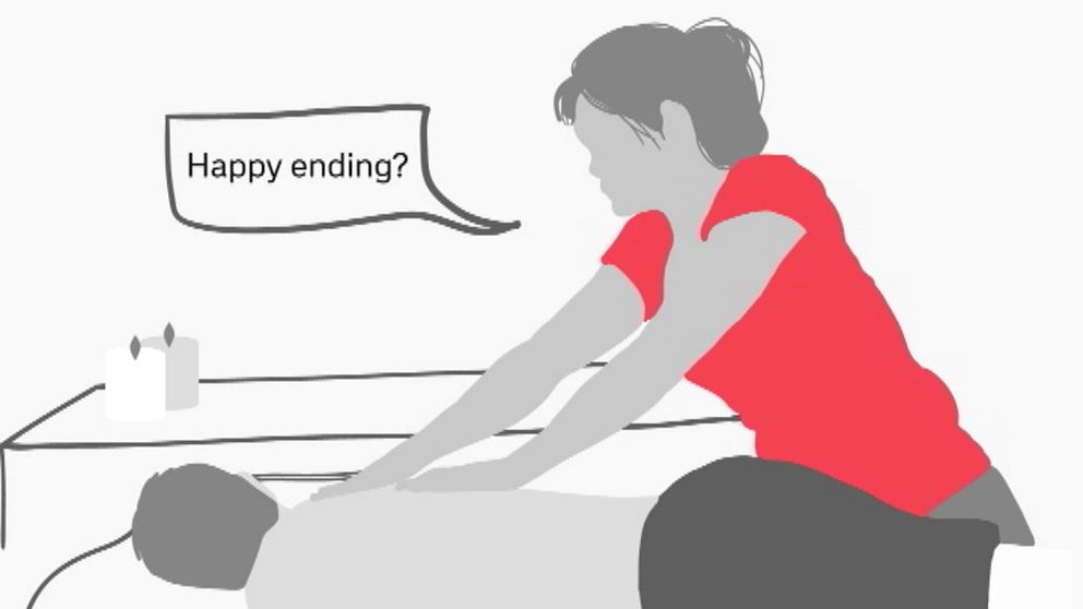En illustration på en kvinna som masserar en man. Kvinnan har en pratbubbla med frågan: Happy Ending?.