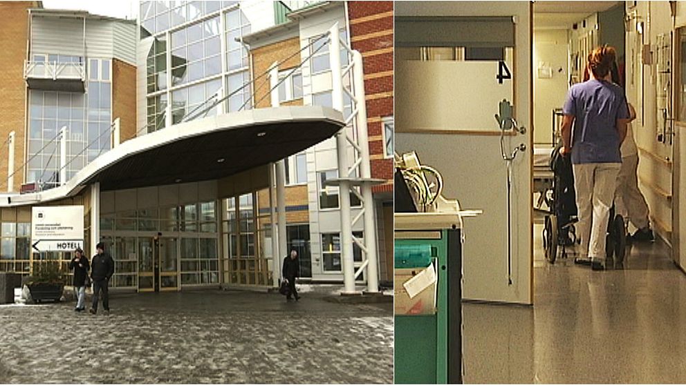 Sunderby sjukhus och vårdpersonal i en korridor. Montage.