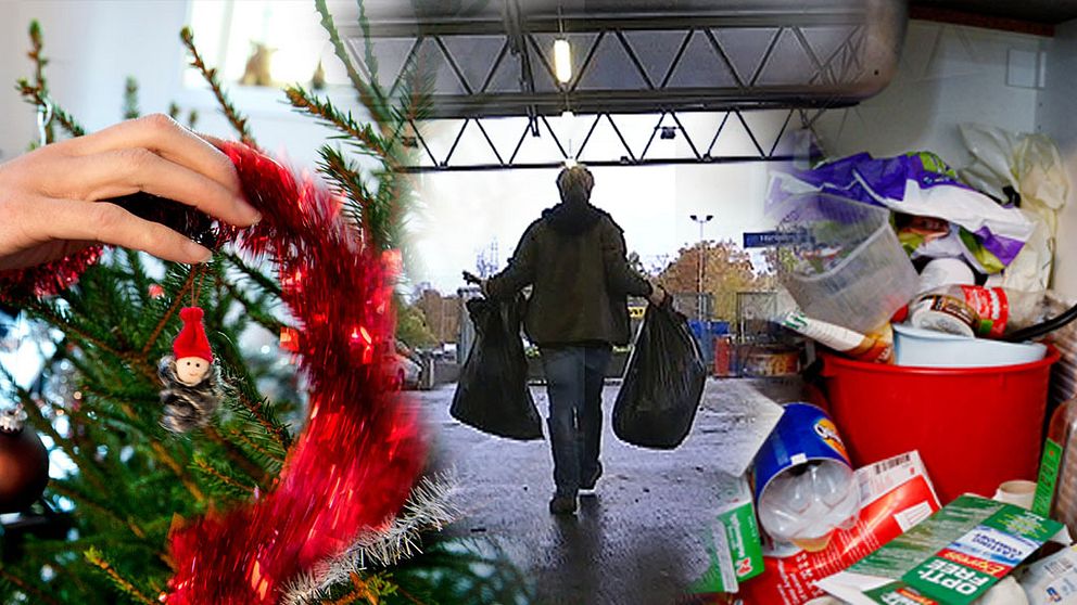 Montage julåtervining julgran med hand, person med sopsäckar på återvinning, sopor