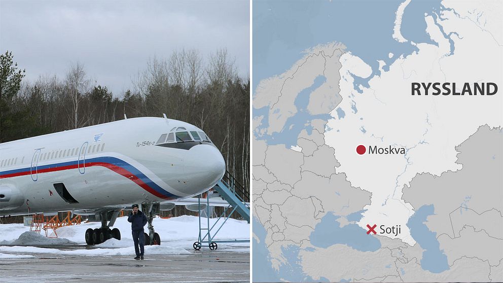 Ett flygplan av typen Tupolev Tu-154. Karta över Ryssland.