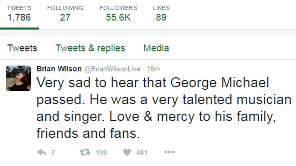 Tweet där det står ”Väldigt sorgligt att höra att George Michael har gått bort. Han var en väldigt talangfull musiker och sångare. Kärlek och barmhärtighet till hans familj, vänner och fans”.