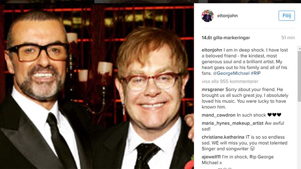 Elton John som skriver ”Jag är i djup chock. Jag har förlorat en älskad vän – den snällaste, mest generösa själen och en brilliant artist. Jag känner för hans familj och alla hans fans”.