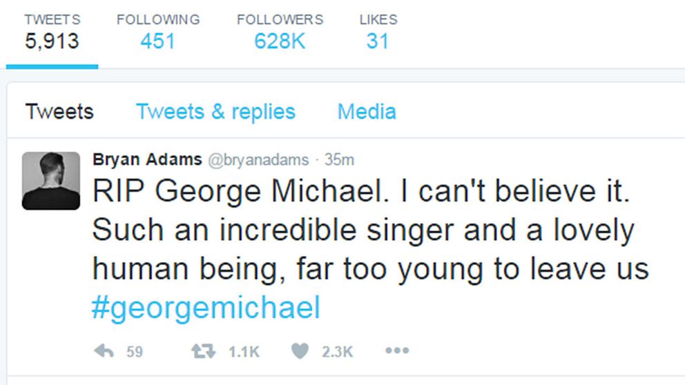 Tweet där Bryan Adams skriver ”Vila i frid George Michael. Jag kan inte tro det. En så fantastisk sångare och underbar människa, alldeles för ung för att lämna oss”.