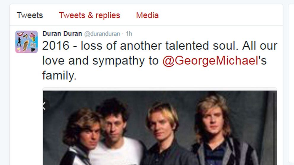 Duran Duran som skriver ”2016 – ännu en förlorad talangfull själ. All vår kärlek och sympati till George Michaels familj”.