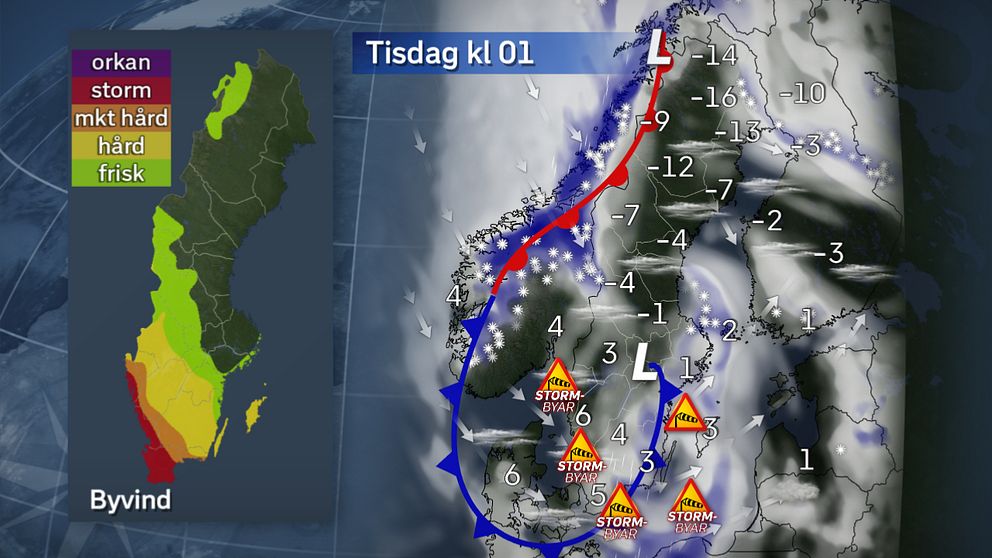 Ovädret väntas kulminera vid midnatt i södra Sverige.
