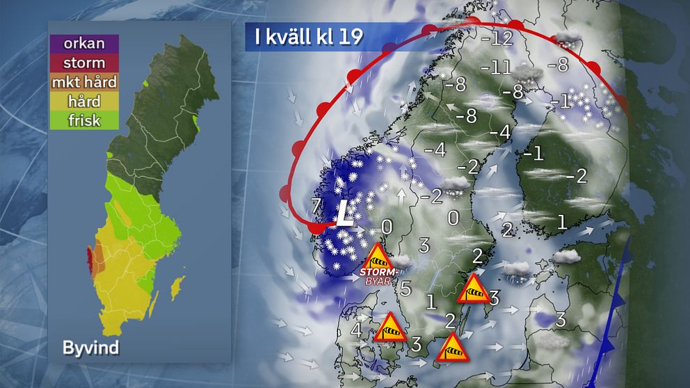 Från 19-tiden finns det risk för stormbyar i Bohuslän och möjligen även Dalsland.