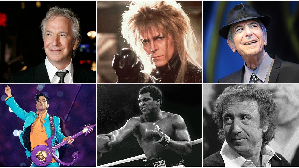 Alan Rickman, David Bowie, Leonard Cohen, Prince, Muhammed Ali och Gene Wilder är några av de ikoner som dog 2016.
