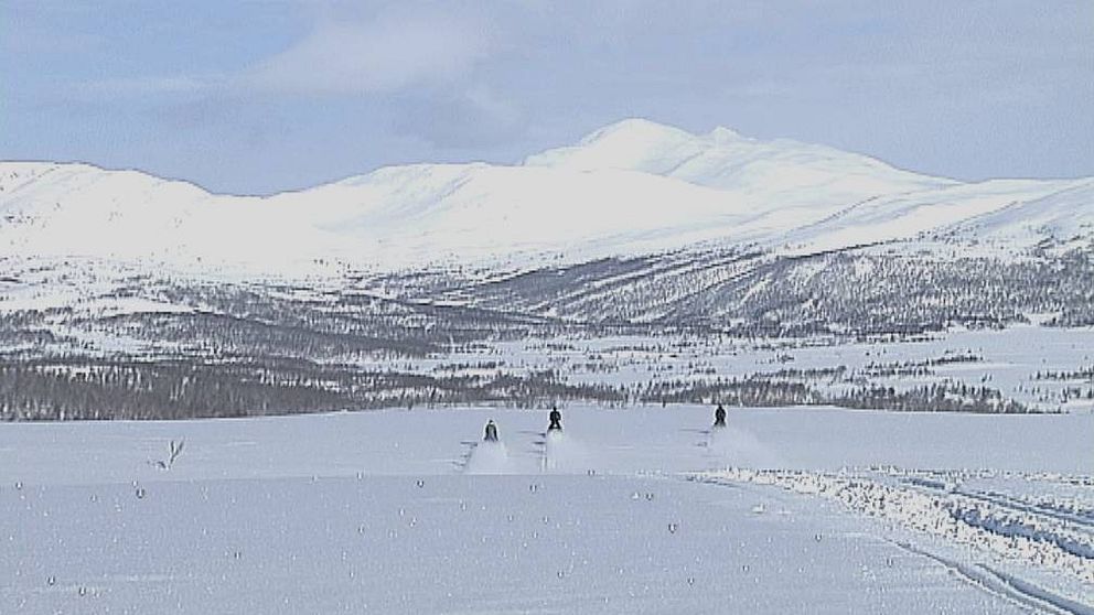 Tre snöskotrar kör nerför en fjällsluttning