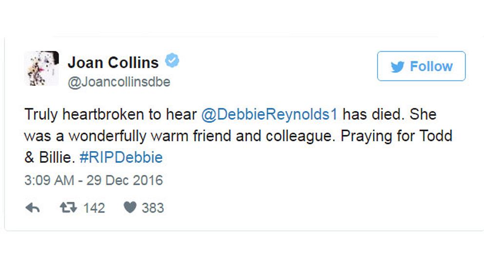 Joan Collins tweet: ”Djupt förtvivlad att höra att Debbie Reynolds har dött. Hon var en underbart varm vän och kollega. Ber för Todd och Billie. Vila i Frid, Debbie”.
