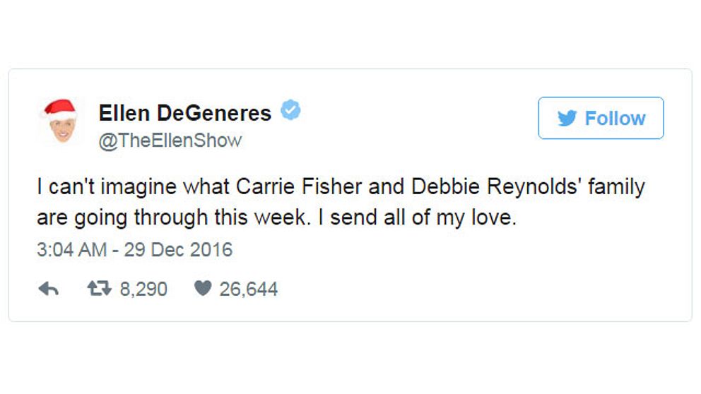 Ellen DeGeneres tweet: ”Jag kan inte föreställa mig vad Carrie Fisher och Debbie Reynolds familj går igenom den här veckan. Skickar all min kärlek”.