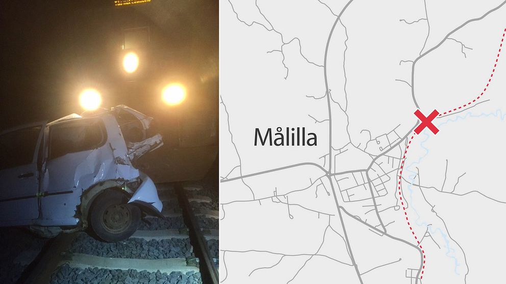 Bild på bil som blivit påkörd av tåg och karta över Målilla
