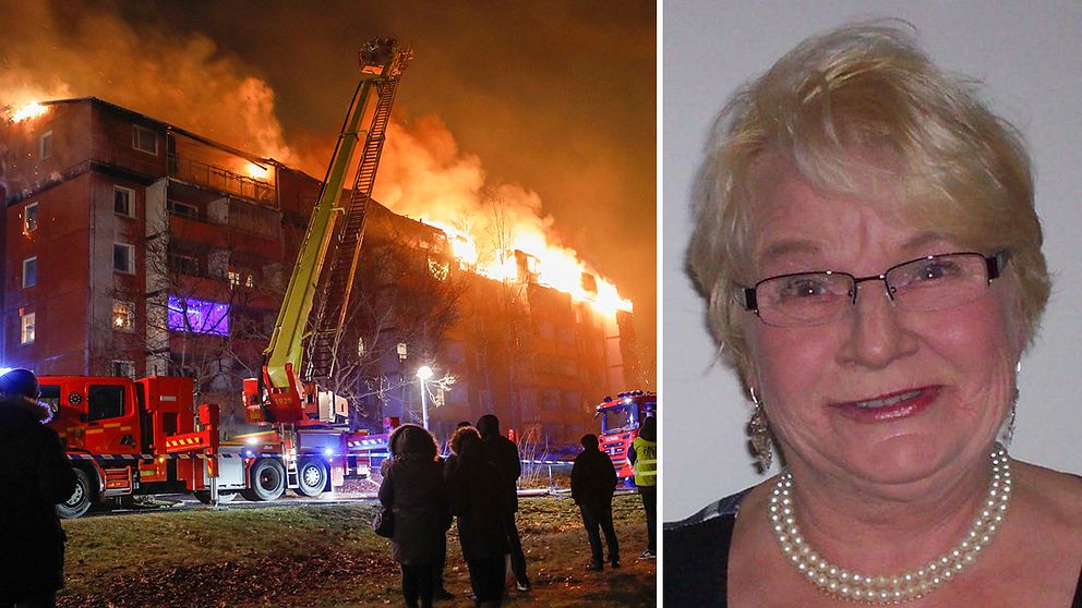 Branden i Husby och vittnet Mirja Holm som bor i huset mitt emot.