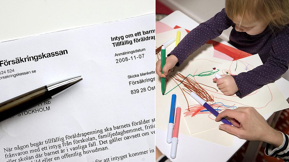 Ett vab-intyg från försäkringskassan och ett barn som leker.
