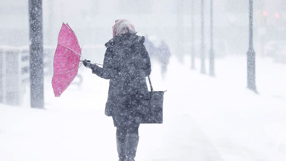 Kvinna med paraply mot snön