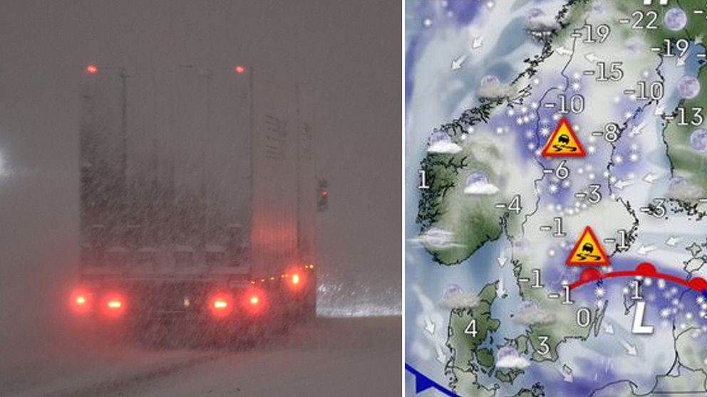 En lastbil i snöovädret samt en väderkarta över Sverige.