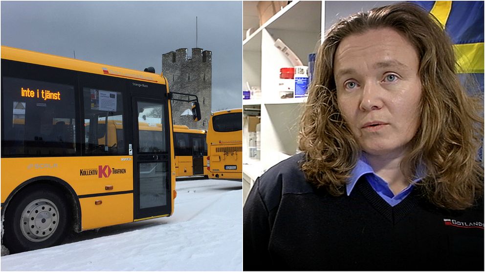 Bussar vid Östercentrum samt Madeleine Eriksson, trafikplanerare vid Gotlandsbuss AB.