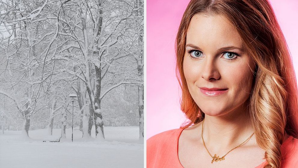 Snöig park, gråväder, tjej med långt hår och orange tröja, meteorolog Tora Tomasdottir