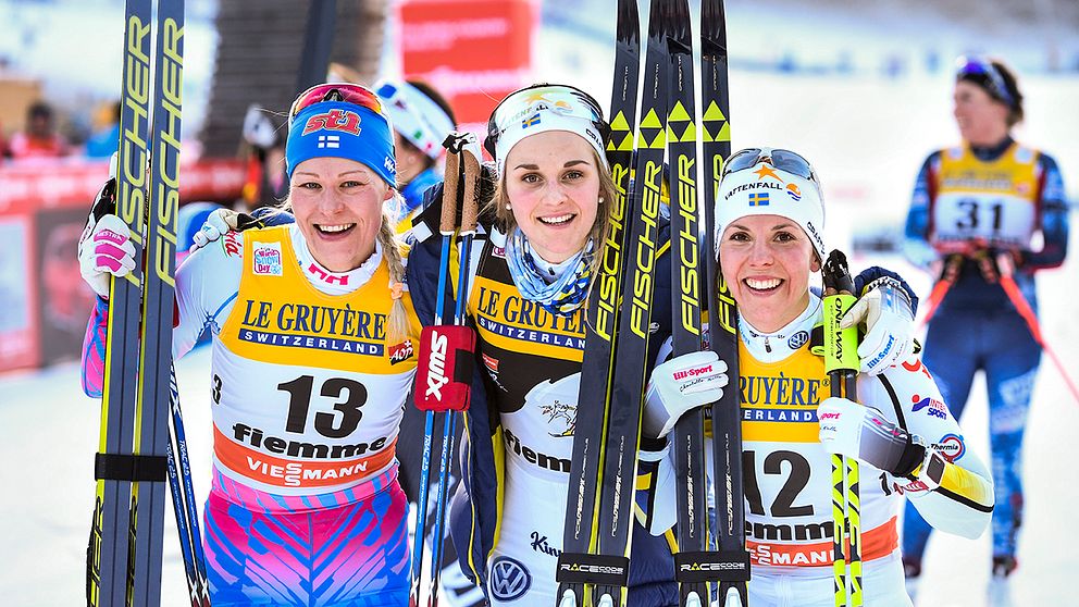 Anne Kyllönen,Stina Nilsson och Charlotte Kalla tog pallplatserna i dagens masstart.