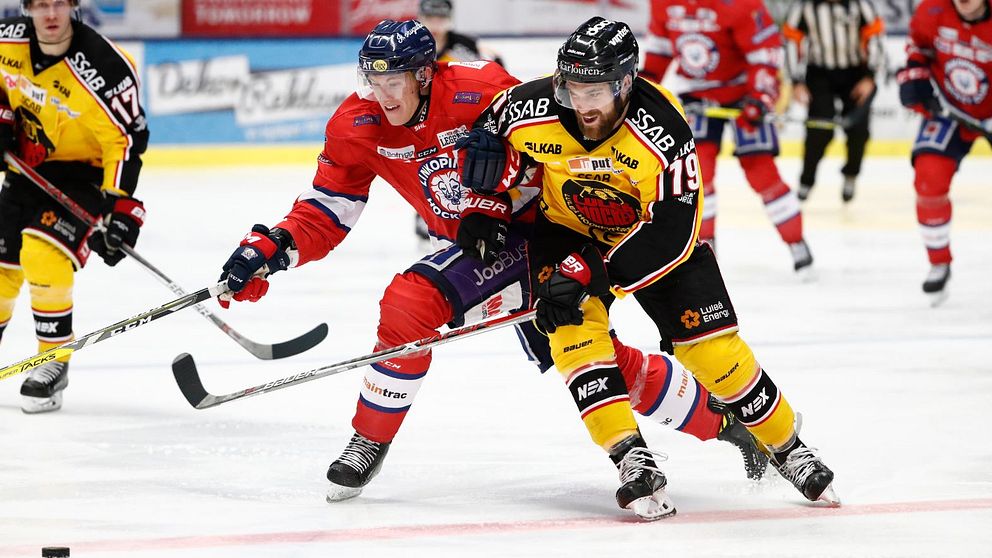 Linköpings Emil Sylvegård och Luleås Jacob Lagace under lördagens ishockeymatch i SHL mellan Linköping HC och Luleå Hockey i Saab Arena i Linköping.