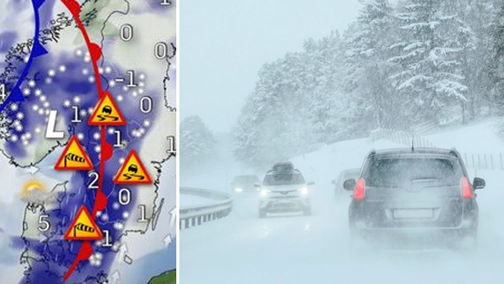 Väderkarta som visar på kraftigt snöfall och en bil på en snöig väg