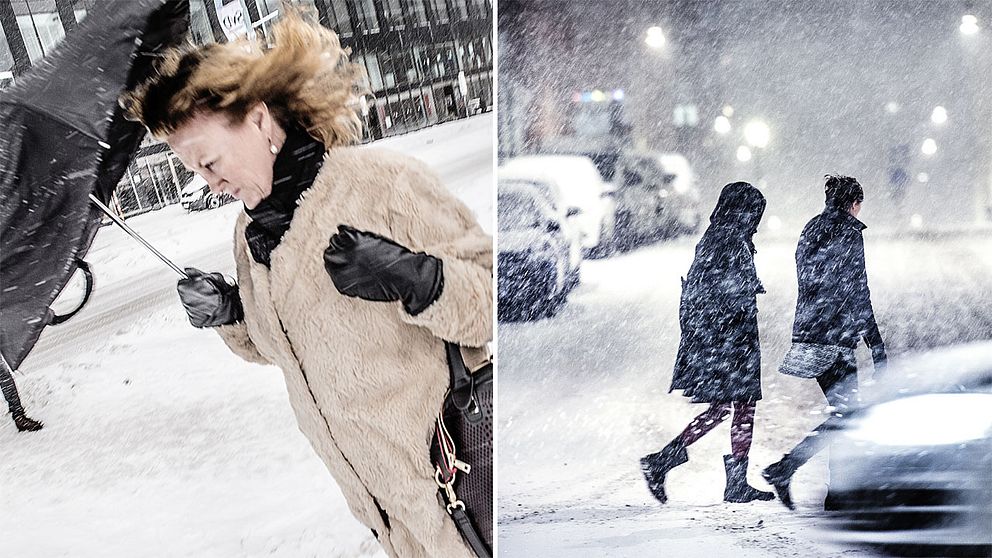 Kvinna som kämpar mot blåst och snö och två kvinnor som går i snöväder.