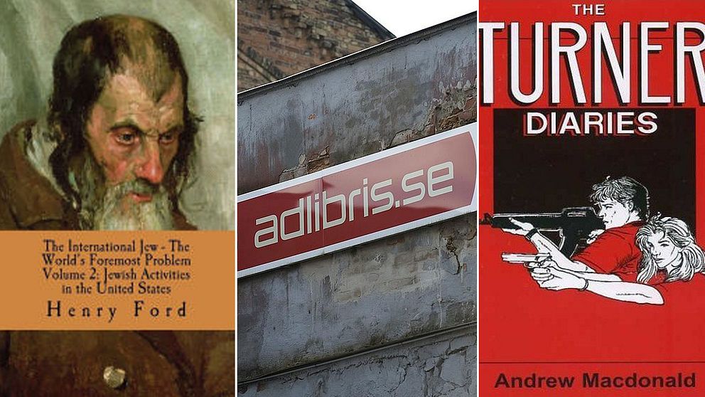 Omslag av böckerna The international Jew, The Turner Diaries och en adlibris-logga-