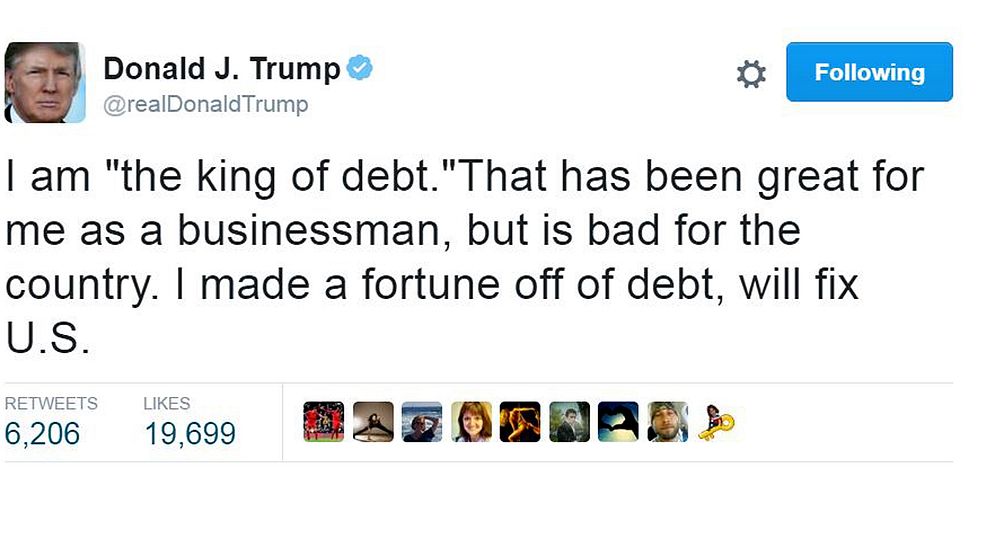 Tweet från Donald Trump: I am ”the king of debt.” That has been great for me as a businessman, but it is bad for the country. I made a fortune off of debt, will fix U.S.