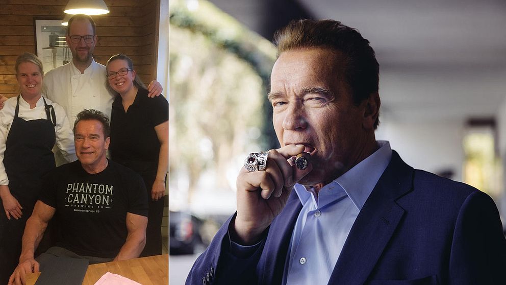 Arnold Schwarzenegger äter frukost på ett café i Billdal.