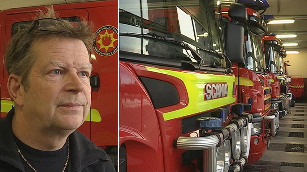 Räddningschef i Västra Mälardalen Jens Eriksson och brandbilar på rad.