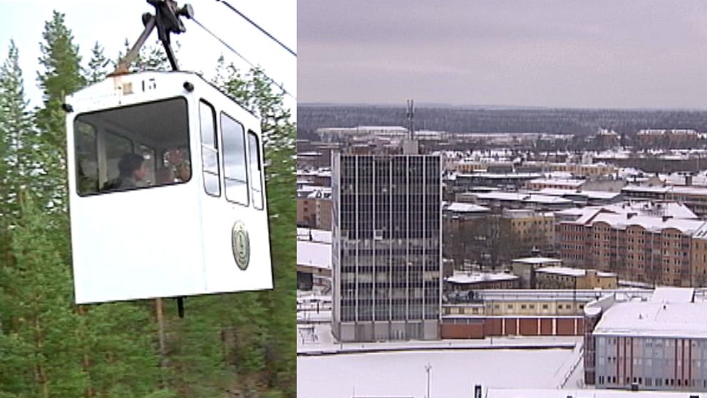 Linbana och vy över snöigt Karlstad.