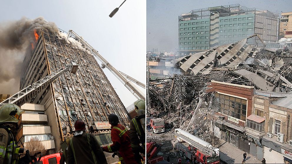 Ett höghus rasade i Iran efter en svår brand. Många brandmän dog.