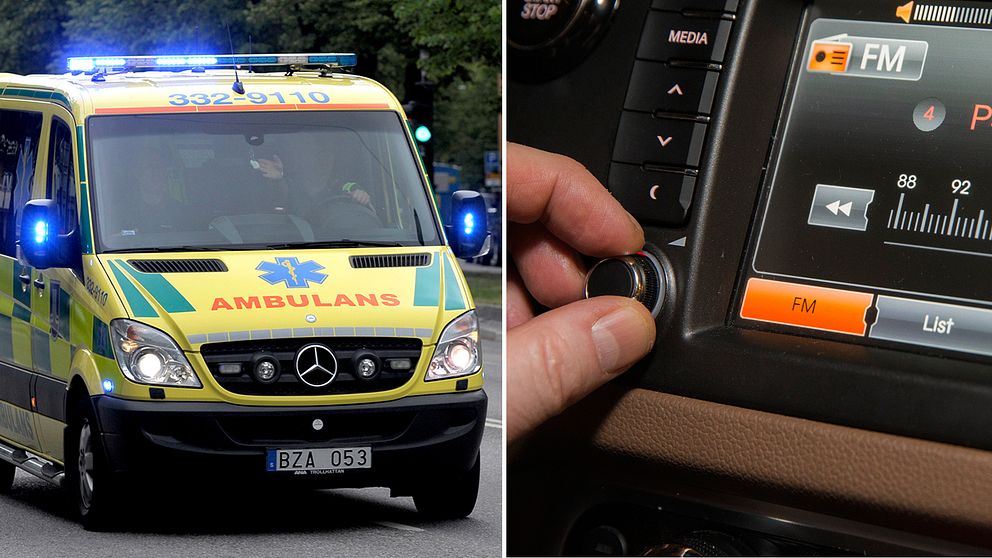 ambulans under utryckning i den vänstra bilden och en hand som skruvar på en bilradio i den högra bilden