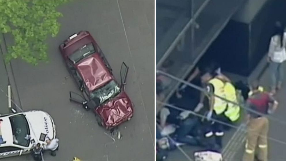 Bilen i Melbourne samt räddningsinsats för skadade.