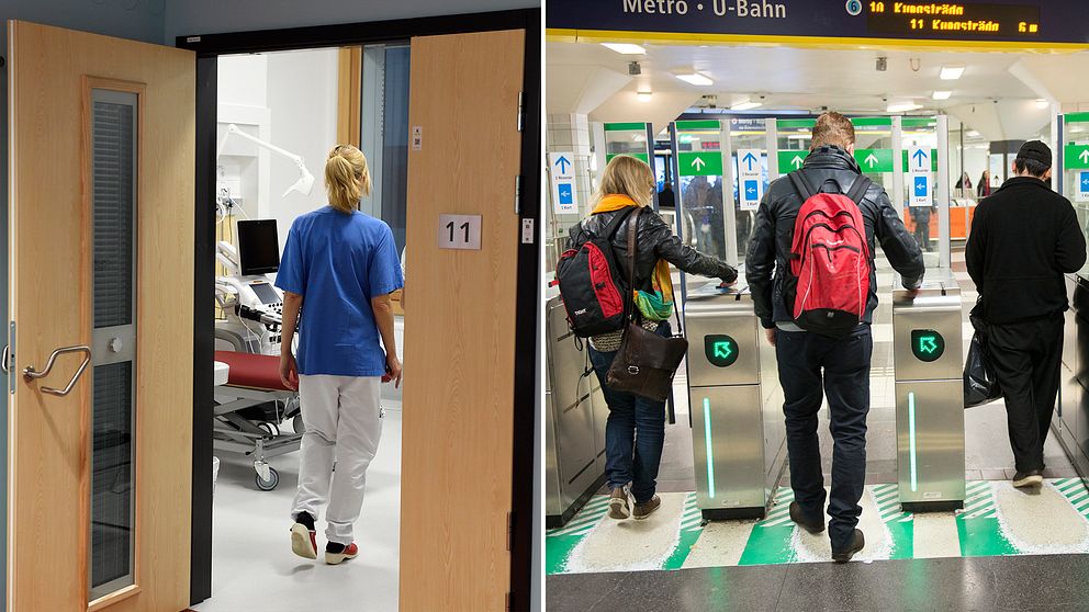 Delad bild: Personal i patientrum på Nya Karolinska/Personer i tunnelbanan.