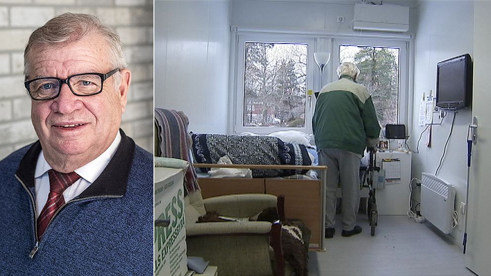 Delad bild: Bild 1: Jan Dolk (KD), ordförande i vård- och omsorgsnämnden Värmdö. Bild 2: Containermodulerna.