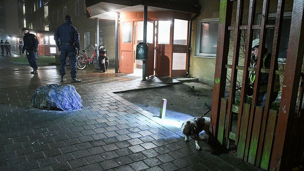 Polisen söker med vapenhund i Lindängen.