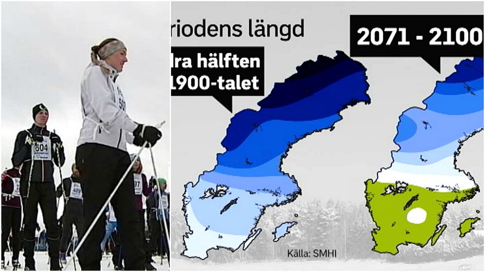 En kollagebild med skidåkare och en karta som visar utvecklingen över snöperiodens längd.