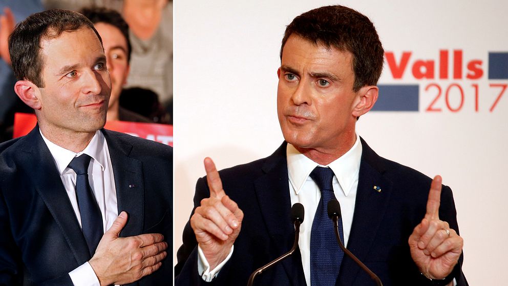 Benoît Hamon (till vänster) ställs mot Manuel Valls (till höger) i den andra omgången av Socialistpartiets primärval.