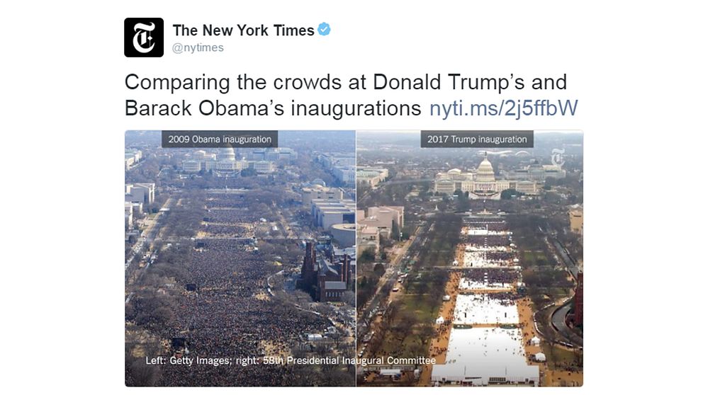 Bilden som New York Times twittrade ut föreställde en jämförelse mellan Trumps installation 2017 och Obamas första installation 2009, som på bilden ovan.