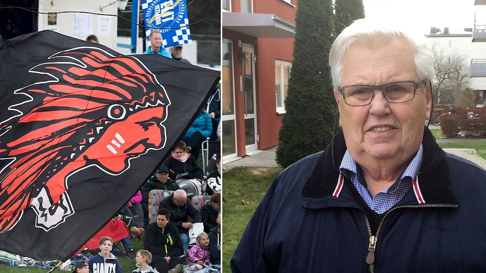 Speedwayklubben Indianernas logga på en flagga och ordförande Dan-Åke Moberg i ett montage